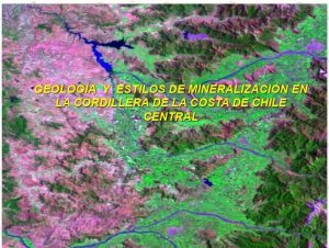 Mapa geológico del Distrito Alhué, mostrando la ubicación de diferentes formaciones rocosas, vetas mineralizadas y puntos de interés.