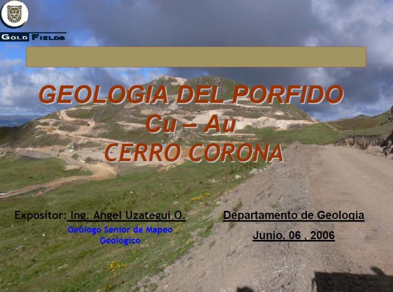Fotografía de una sección delgada de una muestra de roca del depósito de Cerro Corona, que muestra la presencia de venillas de cuarzo mineralizadas (Tipo B) con pirita, calcopirita y molibdenita.