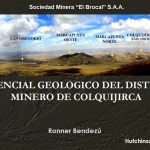 Mapa geológico del distrito minero de Colquijirca, mostrando la ubicación de los principales proyectos mineros, incluyendo Marcapunta Oeste, Marcapunta Norte, San Gregorio y Colquijirca.