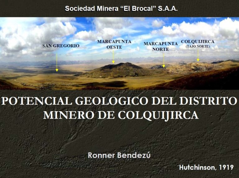 Mapa geológico del distrito minero de Colquijirca, mostrando la ubicación de los principales proyectos mineros, incluyendo Marcapunta Oeste, Marcapunta Norte, San Gregorio y Colquijirca.