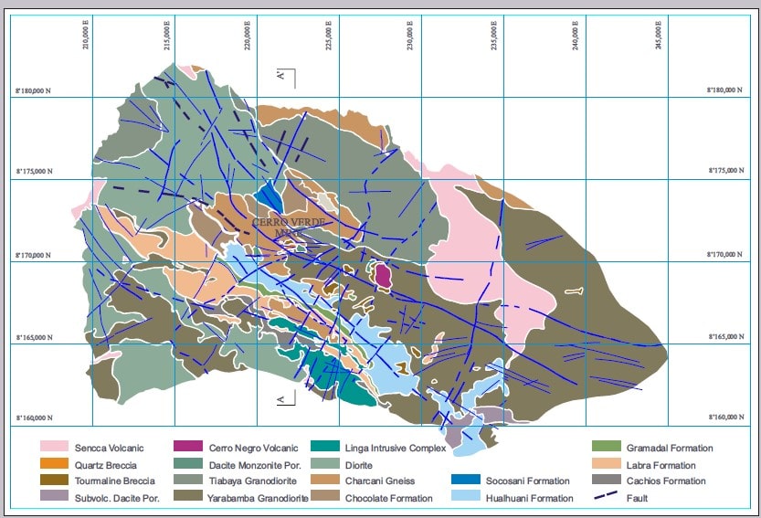 Mapa geológico regional del área de Cerro Verde, mostrando la distribución de unidades litológicas, estructuras y ubicación de los depósitos de Cerro Verde y Santa Rosa.