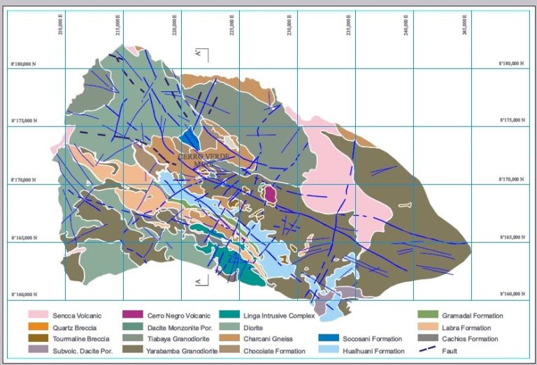 Mapa geológico regional del área de Cerro Verde, mostrando la distribución de unidades litológicas, estructuras y ubicación de los depósitos de Cerro Verde y Santa Rosa.