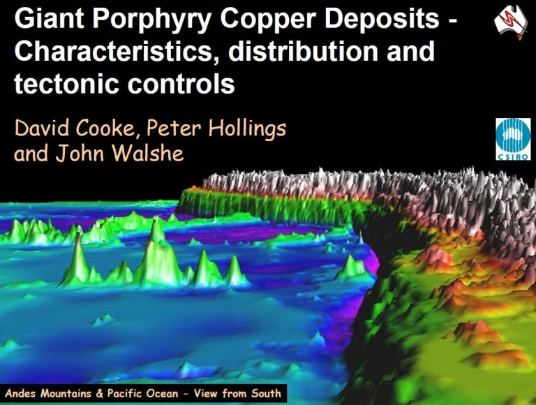 Esta imagen ilustra la distribución global de los depósitos de cobre porfirítico gigantes, destacando la concentración de estos depósitos en cinturones orogénicos asociados con la subducción de placas tectónicas.