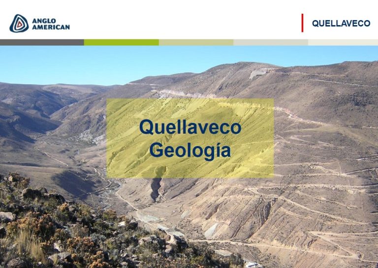 Mapa geológico del Proyecto Quellaveco, que muestra la ubicación del tajo abierto, el botadero de desmonte, la presa de relaves y el túnel de derivación del Río Asana.