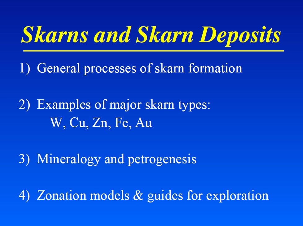 Ofrece modelos de zonación y estrategias para la exploración de depósitos de skarn.