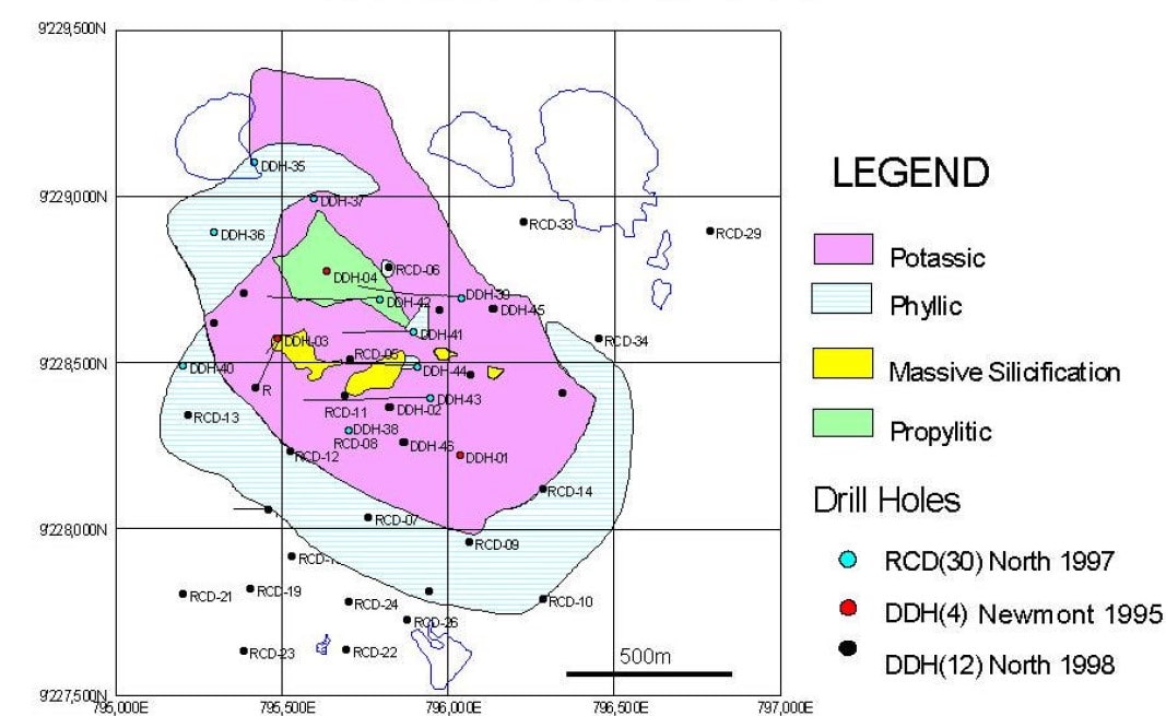 Pórfido de Cu-(Au-Mo) El Galeno: Mapa geológico y secciones transversales del depósito.