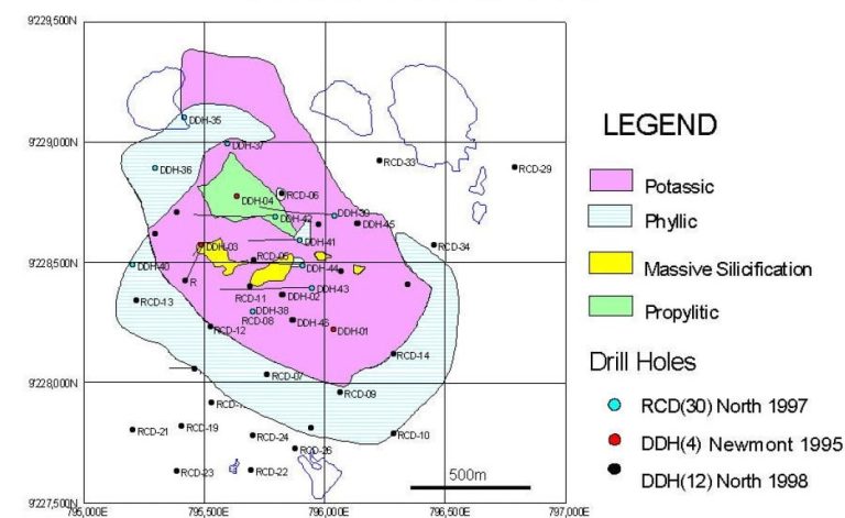 Pórfido de Cu-(Au-Mo) El Galeno: Mapa geológico y secciones transversales del depósito.