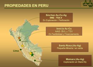 Mapa de ubicación de los proyectos mineros de Andean American en Perú: Sinchao (Cajamarca) y Invicta (Lima).
