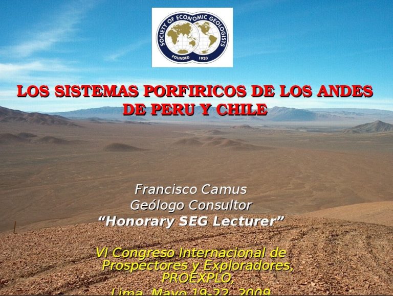 Portada del documento 'Los Sistemas Porfíricos de los Andes' de Francisco Camus, geólogo consultor y 'Honorary SEG Lecturer', presentado en el V1 Congreso Internacional.