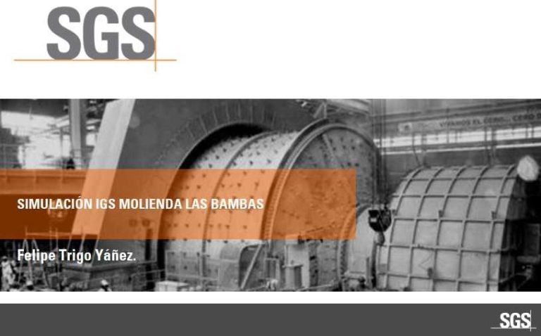 Diagrama ilustrativo del simulador IGS para el circuito de molienda de Las Bambas, mostrando la interacción entre la información operacional y la dureza del mineral (SPI y BWI) para predecir el rendimiento del proceso.