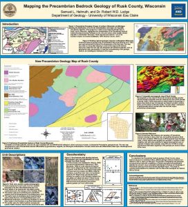 Mapa geológico preliminar del Precámbrico del Condado de Rusk, Wisconsin, mostrando cuatro unidades de roca madre diferenciadas y cuerpos intrusivos.