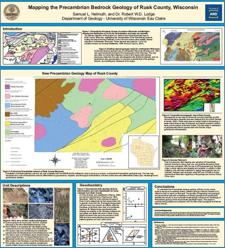 Mapa geológico preliminar del Precámbrico del Condado de Rusk, Wisconsin, mostrando cuatro unidades de roca madre diferenciadas y cuerpos intrusivos.