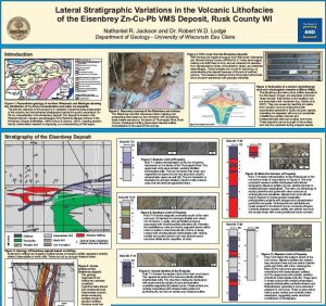ección geológica del depósito VMS de Eisenbrey en Wisconsin mostrando lentes de sulfuros masivos y estratos volcánicos alterados.