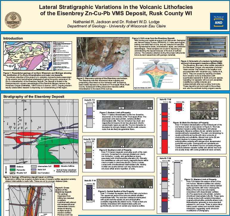 ección geológica del depósito VMS de Eisenbrey en Wisconsin mostrando lentes de sulfuros masivos y estratos volcánicos alterados.