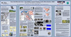 Mapa geológico de la Zona Aurífera Kena Gold Mountain en la Columbia Británica mostrando depósitos minerales, secciones geológicas y fotografías de alteraciones y mineralización de oro y cobre.