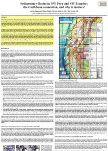 Mapa esquemático geológico del noroeste de Perú y suroeste de Ecuador mostrando cuencas sedimentarias superpuestas, principales sistemas de fallas y ubicación de campos de petróleo y gas.