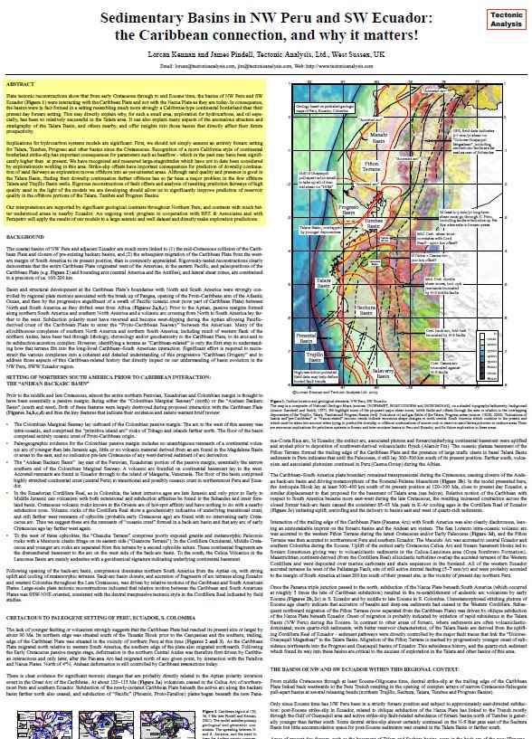 Mapa esquemático geológico del noroeste de Perú y suroeste de Ecuador mostrando cuencas sedimentarias superpuestas, principales sistemas de fallas y ubicación de campos de petróleo y gas.