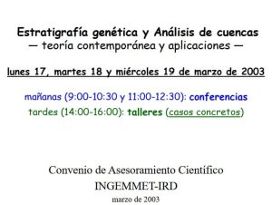 Sección geológica mostrando diferentes capas de roca (estratos) separadas por líneas y símbolos, ilustrando la estratigrafía y el análisis de cuencas.
