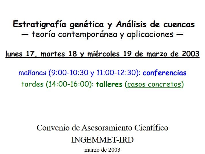 Sección geológica mostrando diferentes capas de roca (estratos) separadas por líneas y símbolos, ilustrando la estratigrafía y el análisis de cuencas.