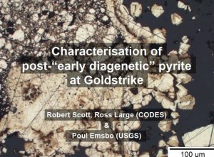 Microfotografía de pirita de Goldstrike mostrando múltiples zonas de crecimiento y variaciones texturales.