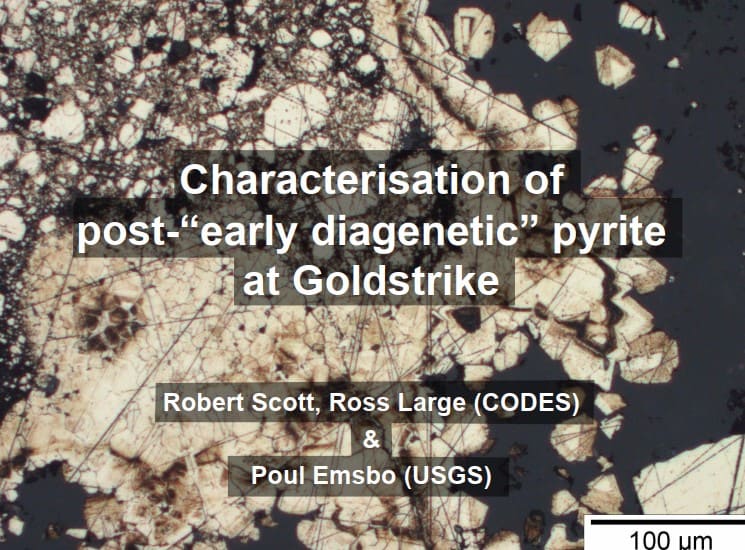 Microfotografía de pirita de Goldstrike mostrando múltiples zonas de crecimiento y variaciones texturales.