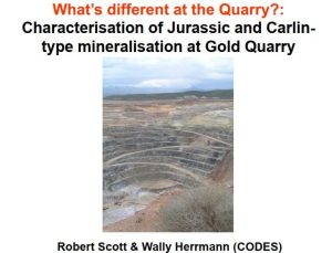 Microfotografía mostrando bordes ricos en arsénico y oro en cristales de pirita de Gold Quarry.