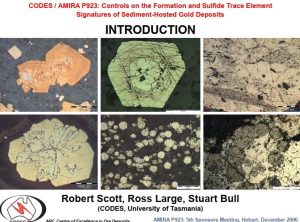 Sección delgada de roca sedimentaria mostrando cristales de pirita con inclusiones minerales relacionadas con la mineralización de oro.