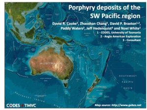 Mapa mostrando la ubicación de importantes depósitos de cobre y oro de tipo pórfido en el Pacífico Suroeste.