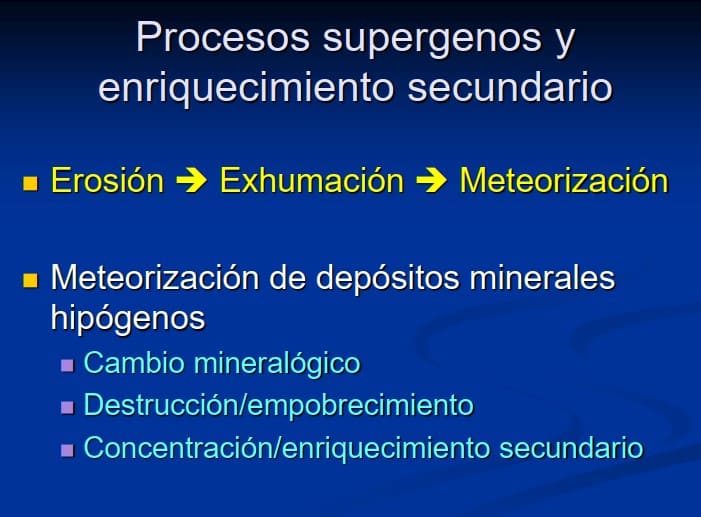 Sección geológica mostrando las zonas de oxidación, lixiviación y enriquecimiento secundario en un depósito mineral.