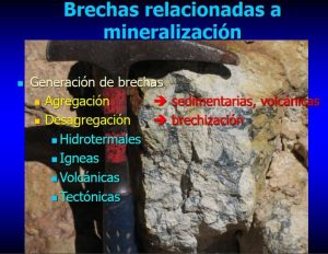 Sección delgada microscópica mostrando la textura de una brecha mineralizada, con fragmentos angulosos de diferentes rocas y una matriz rica en minerales de sulfuro.