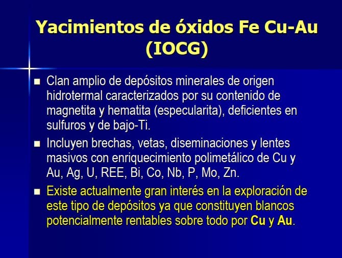 Sección geológica transversal de un yacimiento IOCG mostrando la mineralización de óxidos de hierro, sulfuros de cobre y las zonas de alteración hidrotermal asociadas.