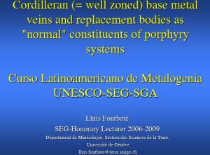 Sección geológica esquemática mostrando la zonificación de un sistema porfirítico con venas de metales base de tipo Cordillerano.