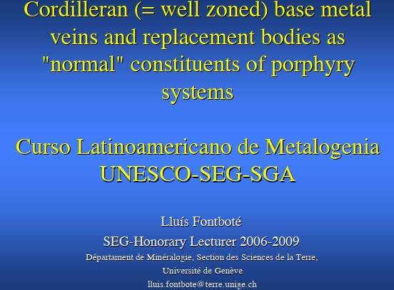 Sección geológica esquemática mostrando la zonificación de un sistema porfirítico con venas de metales base de tipo Cordillerano.