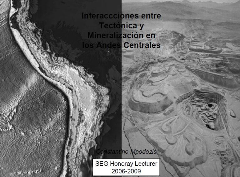 Mapa geológico esquemático de los Andes Centrales ilustrando la relación entre tectónica y depósitos minerales clave.