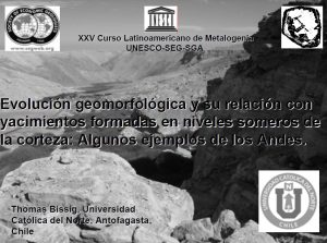 Mapa mostrando la distribución de superficies geomorfológicas y yacimientos minerales en los Andes centrales.