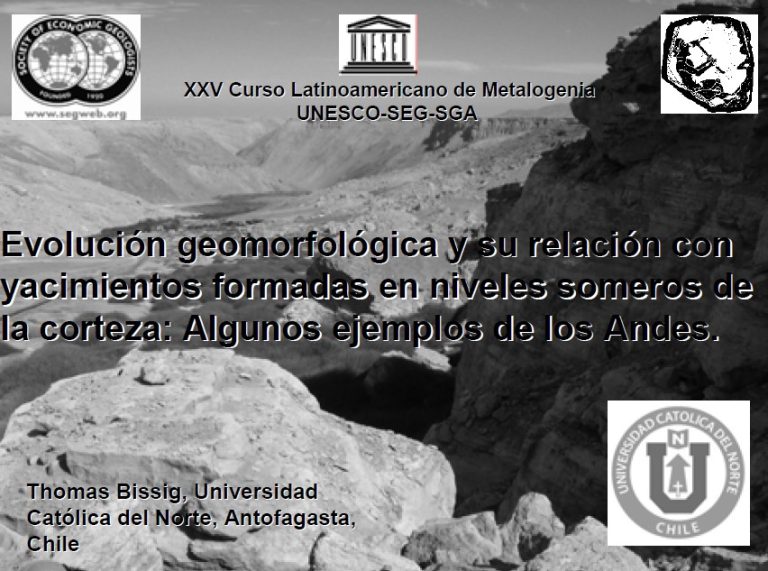 Mapa mostrando la distribución de superficies geomorfológicas y yacimientos minerales en los Andes centrales.