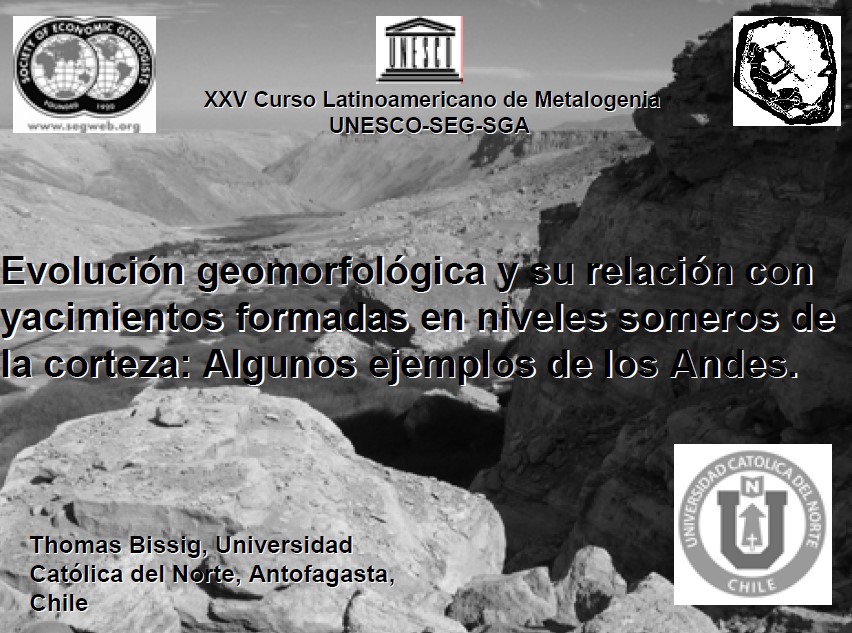 Mapa mostrando la distribución de superficies geomorfológicas y yacimientos minerales en los Andes centrales.