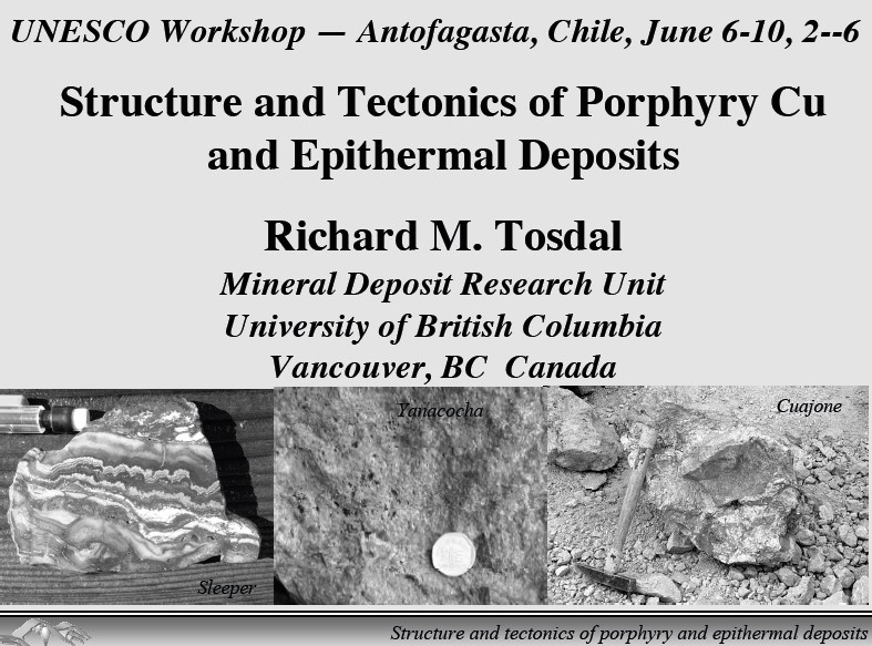 Sección geológica esquemática mostrando un yacimiento porfídico de cobre con zonas de alteración y vetas mineralizadas.